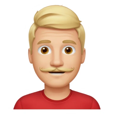blond hair man smile warmly with mustache red shirt sticker