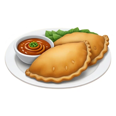 Cinematic Realistic Colombian Cornmeal Empanadas Emoji, showcasing the golden, crispy shell filled with savory meats and spices, served with a side of aji dipping sauce, rendered with vibrant textures and warm, inviting lighting. sticker