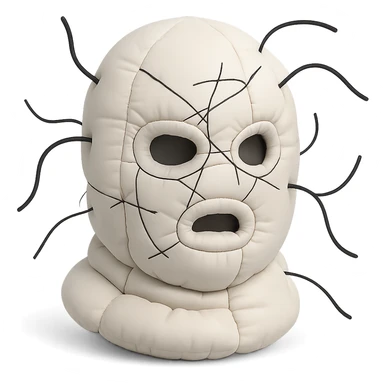 The mask is a full-head, white knitted balaclava with a tight ribbed texture. It features two asymmetrical eye openings and a partially exposed mouth area. Black thread is stitched across the surface in chaotic, abstract lines that trace facial features, giving a hand-drawn effect. Several black cords extend outward from the mask, varying in length and direction, adding a sculptural, almost organic appearance. The overall look is bold, handcrafted, and visually striking. sticker