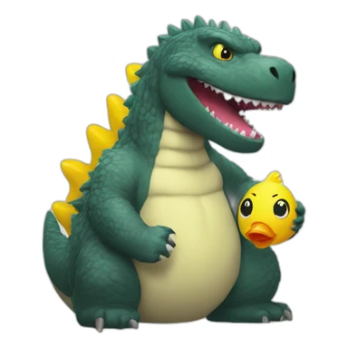 Godzilla playing with a rubber duck sticker