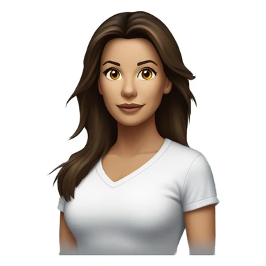 3/4 face, contrasted, shadow, light, Eva Longoria expression, standing from a distance, thin nose, brunette woman, hazel eyes, long eyelashes, dark shoulder shaded hair, white t-shirt, jeans, white sneakers sticker