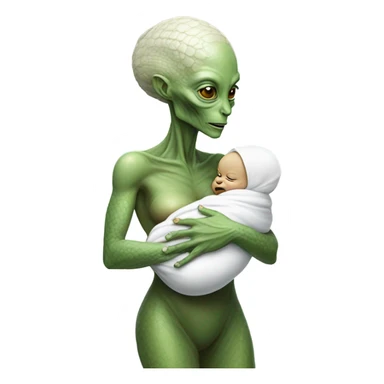  Reptilian alien woman , full body,  holds a newborn white humman baby sticker