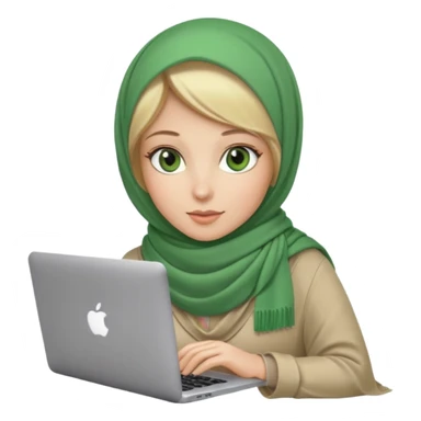 blond women skine , with green eyes , with scarf hijab . with macbook sticker
