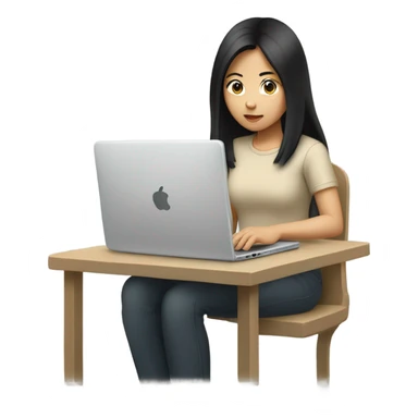 Asian beautiful girl, beige t-shirt, with long black hair, typing on laptop sticker