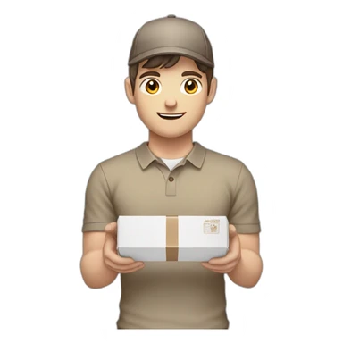 Pale skinned fit Man with dark brown hair in a beige cap, gray jeans and brown polo T-shirt keeping a pasted with tape white box into his hands sticker