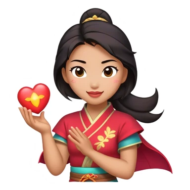 Cinematic Adorable Mulan Portrait Emoji, Playfully holding Cri-Kee in her hands, eyes sparkling with mischief, soft rosy cheeks, a warrior with a heart full of charm, radiant in the morning sunlight, glowing with warmth and joy! sticker