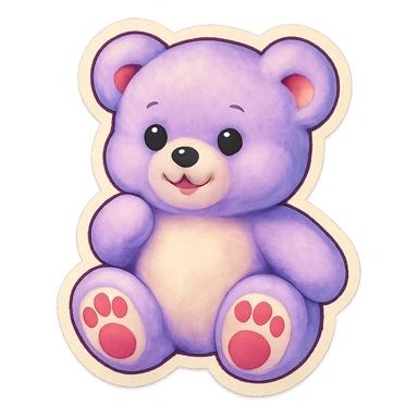 Remove the glitter effect from the purple and white teddy bear's fur, keep it soft and plush, no shadows, flat lighting, no background. sticker