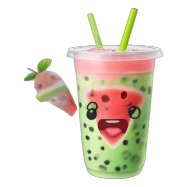 Bubble Tea with face is eating A watermelon sticker