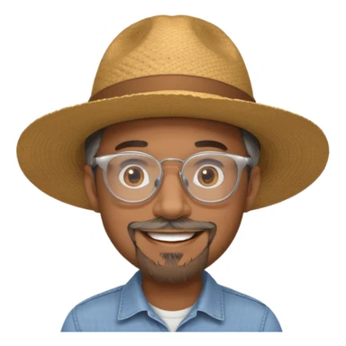 Brown man smiling not showing teeth, wide rimmed hat, clear glasses, gray goatee sticker