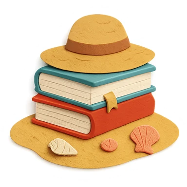 illustration of a stack of books on a sandy beach, with seashells and a sun hat, paper-craft style sticker
