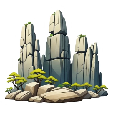Kunming Stone Forest karst landscape Yunnan, simplified emoji style with bold outlines and bright colors, cartoon style tall rock formations sticker