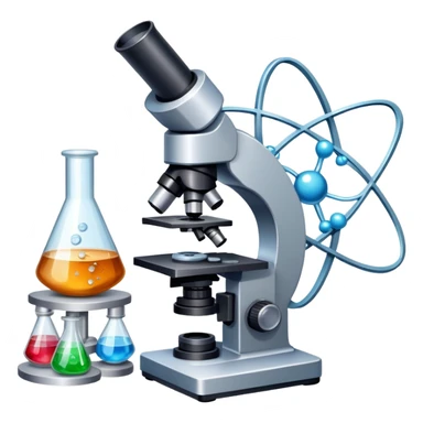 An icon featuring a microscope, a metal sample, and atomic structure symbols, symbolizing materials science. The design includes crystal lattices, polymers, and lab tools, representing the study of material properties and engineering. Transparent background highlights scientific analysis. sticker