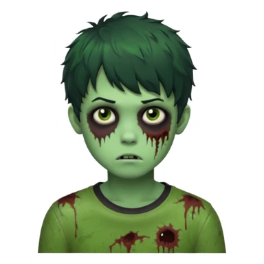 Boy, zombie, green skin, black, short and curly hair with bangs, round shaped hair, emo, ultra dark, bored expression with tired eyes  sticker