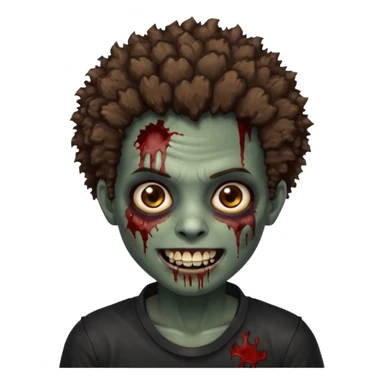 zombie with brown skin, short messy afro hair, wide centered brown eyes, dark bloody marks under the eyes, and a smile showing shiny metal teeth,black shirt, giving a distressed, undead look. sticker
