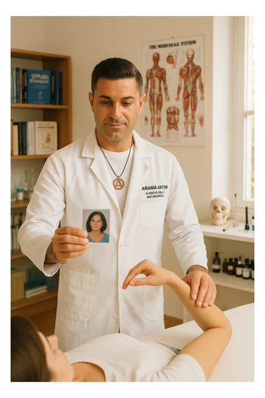 a middle-aged man, dressed in casual professional attire, is in a bright, organized therapy studio. Durante una visita di kinesiologia, il testimone tiene con una mano la foto di una persona lontana (il “testimone”) tiene la foto in mano, mentre con l’altra mano esegue un test muscolare su un cliente presente. Sullo sfondo si vedono libri di kinesiologia, poster anatomici e strumenti tipici della disciplina. L’atmosfera è concentrata e serena, con luce naturale che entra dalla finestra, sottolineando l’aspetto alternativo e umano della pratica. sticker
