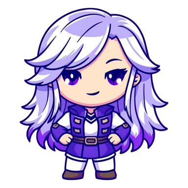 Chibi Sable Ward from Dead by Daylight with long white hair with purple streaks and fully purple eyes, detailed and expressive, cute exaggerated style with large expressive eyes and clear emotion sticker