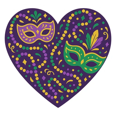 heart with Mardi Gras theme, vibrant colors, beads, masks, festive and celebratory sticker