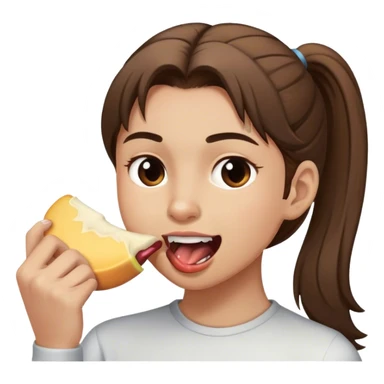 a person with brown hair in a pony-tail , biting someone sticker