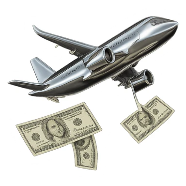Transform the airplane into a 3D chrome metallic style, highly reflective and shiny. Keep the money green and realistic. Remove the background. sticker