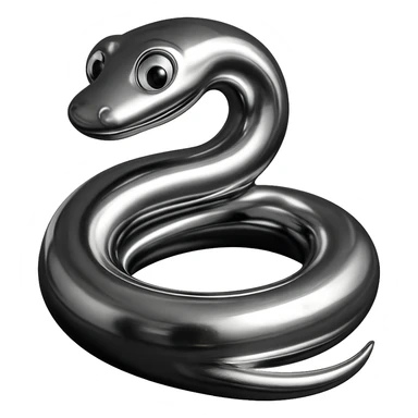 3D chrome snake, curled in a spiral, with a glossy chrome finish and cartoon eyes sticker