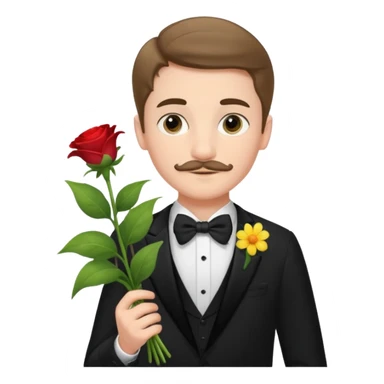 generate an ios genmoji of a 20 year old fair boy with very few and faint mustache hair. should look like he cant grow a mustache., carrying a flower bouquet, wearing a tux sticker