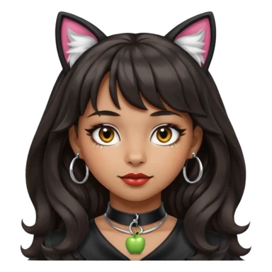 Add bangs to the hairstyle while keeping the silver O-ring collar, bold makeup, medium Hispanic skin tone, long dark wavy hair, and cat ears in apple emoji style. sticker