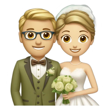 A bride and groom. Bride has brown hair in a bun, blue eyes, wears a lace dress. Groom has blond hair, wears gold glasses, wears an olive green suit with a brown vest and a bow tie. sticker