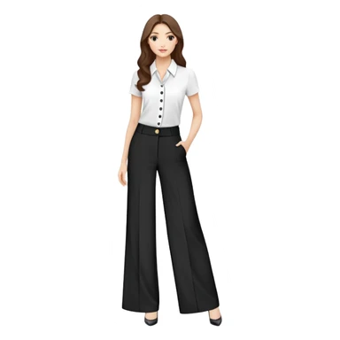 tailored palazzo pants for petite women, moderate wide leg, formal dress pants with button closure, shorter length, elegant office wear, only the garment on white background sticker