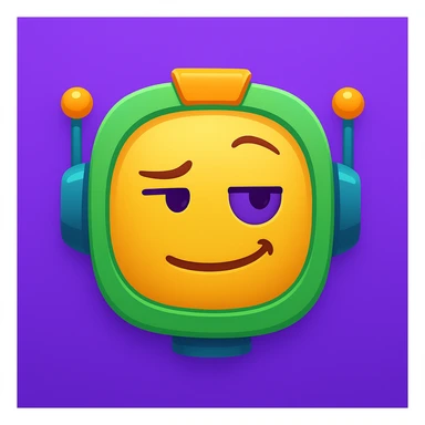 Generate a sarcastic half-emoji, half-robot character, matching the purple, green, and orange colors from the reference. Emphasize a smirk or raised eyebrow for sarcasm, combining emoji and robot elements. sticker
