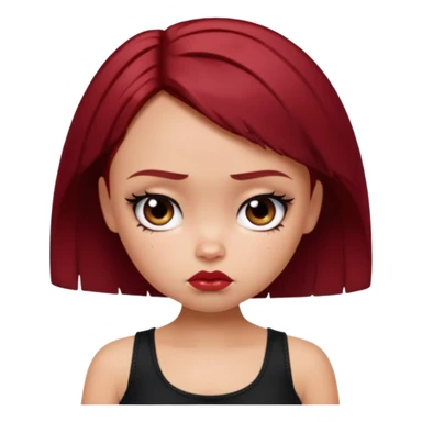 generate a pretty fair bratz girl with short dark red hair looking sad . Wearing a black cami sticker