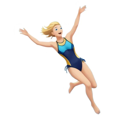 A diver mid-air, plunging from a high cliff into the sparkling ocean below. The background features rugged cliffs, clear blue water, and a bright sky, emphasizing the excitement and danger of the sport with a sense of freedom and adventure. sticker