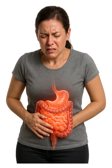 DONNA CON INTESTINO UMANO ANATOMICO IN EVIDENZA E MAL DI PANCIA, iperrealistico 4k, SFONDO BIANCO sticker