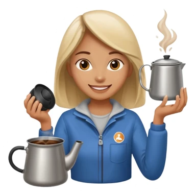 A cheerful female camper brewing coffee in a small metal pot. sticker