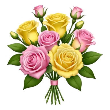 A mixed bouquet of four flowers, featuring pink roses and yellow lisianthus. sticker