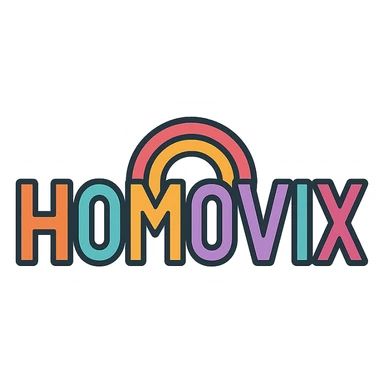 the word HOMOVIX as a colorful outlined icon logo, modern and clean style sticker