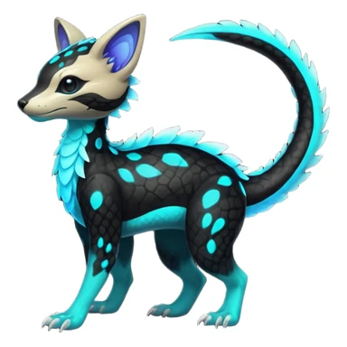 Rare realistic black-scaled neon-glowing bioluminescent edgy badass epic pretty beautiful handsome gorgeous aesthetic colorful vibrant Vernid-Trico-species-Fakemon-creature by LiLaiRa, 4 legs, 1 tail, random markings, (full body) sticker