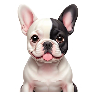 Cinematic Cute Pied French Bulldog Portrait Emoji, Head tilted with a sweet, mischievous grin and large, inviting eyes, featuring a unique pied fur of contrasting colors, simplified yet irresistibly endearing, highly detailed, glowing with a warm, playful radiance, high shine, exuding a quirky charm and affectionate personality, styled with a soft, lighthearted outline, capturing the essence of a cute Pied French Bulldog that looks ready to charm its way into your heart! sticker