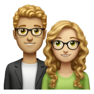 white ginger girl with straight hair and green eyes is with a tan brunette boy that has curly hair green eyes and glasses sticker