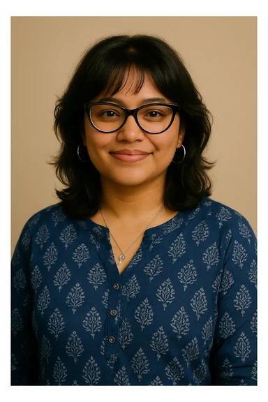 Keep the face and hair the same as the reference photo. Use realistic skin tone matching the reference. Add slight fringes on the top to slightly cover the forehead. Make the background soft beige. Change outfit to an indigo, handprinted kurti. Add bigger silver hoop earrings and a simple silver pendant around her neck. Keep the same relaxed, modern style and black bowline spectacles. sticker