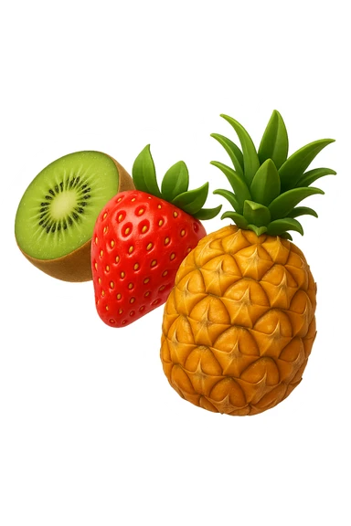 emoji stile iphone 3d di kiwi, fragole, ananas
 che fluttuano in aria, iperealistico 4k sticker