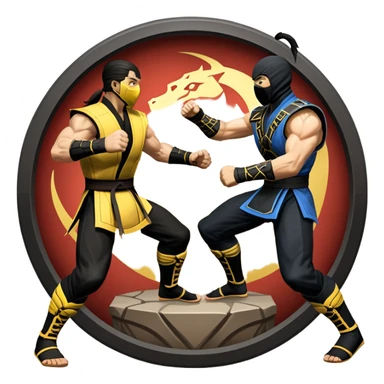 An icon showing two fighters in combat poses, inspired by Mortal Kombat. One character delivers a powerful kick, while the other blocks. The background features an iconic arena from the game with life bars at the top, symbolizing intense battles. Transparent background. sticker