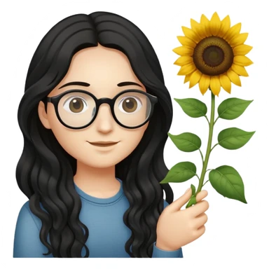 hazme un emoji que me represente: me gusta el color negro, uso lentes, tengo el cabello ondulado, de color negro y largo, tengo la cara media delgada ,me gustan los girasoles  sticker