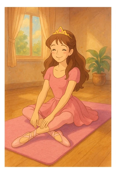 pink pilates princess sitting on a pink yoga mat, smiling, with ballet slippers, ghibli-inspired style sticker