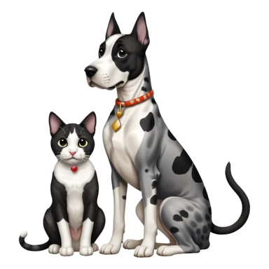 Harlequin great dane dog sitting with a black and white cat sticker