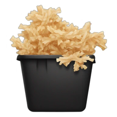 Black cubic plastic container with wood shavings inside, and a white tube with three branches at the top  sticker