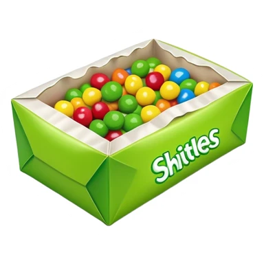 Torn open Skittles package with green candies visible inside, minimalist style with simple rainbow colors. sticker