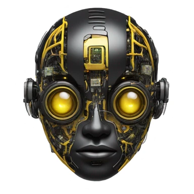 black and yellow cyborg head with circuitry and artificial eyeball sticker