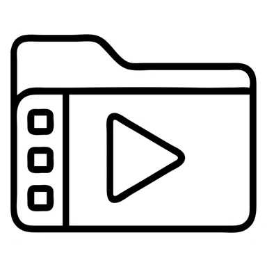 Create a video folder icon in the exact same style as the provided blue folder icon. Use bright blue color with a thin black outline, minimal design, transparent background. Add a white play button and film strip details on the folder. No text. sticker