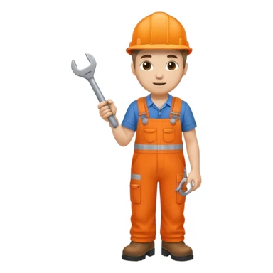railway engineer in orange overalls, boots, holding a spanner sticker