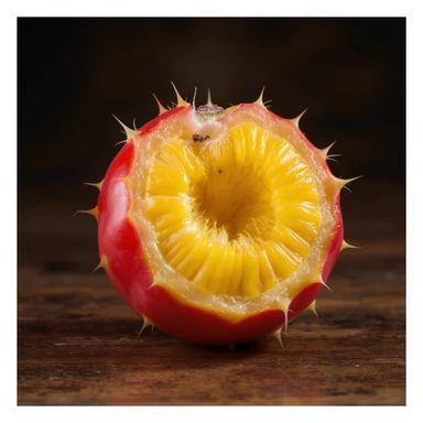 single smooth red round Stenocereus fruit with typical cactus spikes cut open to show juicy interior realistic style sticker